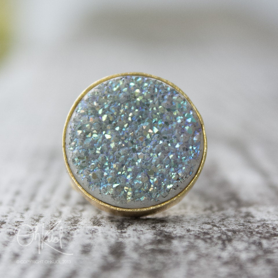 Gold White Titanium Druzy Ring - Round Stone Ring - Adjustable
