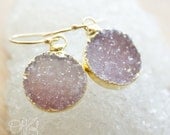 Gold Lavender Agate Druzy Earrings - 14K Gold Fill - Round Drop Earrings