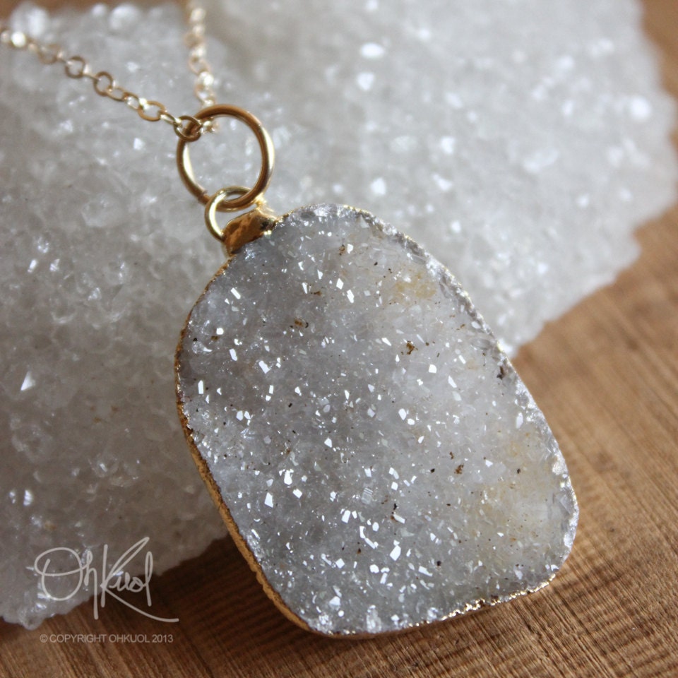 Natural Soft Grey Druzy Necklace - 14K Gold Fill - Free Form Shape