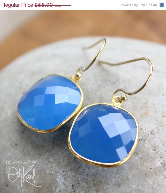 CLEARANCE SALE Gold Sky Blue Chalcedony Gemstone Earrings - Cushion Cut - Something Blue