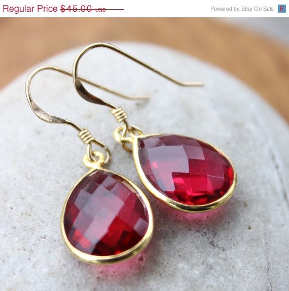 CLEARANCE SALE Gold Red Ruby Quartz Gemstone Earrings - Teardrops - 14Kt Gold Fill
