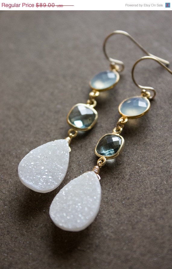 Memorial Day SALE Gold Aqua Chalcedony, Teal Quartz, and White Druzy Dangle Earrings - 14K Gold Fill - Long Earrings