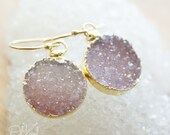 Memorial Day SALE Gold Lavender Agate Druzy Earrings - 14K Gold Fill - Round Drop Earrings