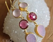 Memorial Day SALE Gold Pink Agate Druzy, Pink Chalcedony, Red Ruby Quartz Gemstone Earrings - 14K Gold Fill