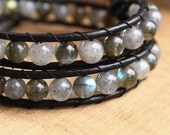 Memorial Day SALE Black Leather Wrap Bracelet - with Midnight Blue Labradorite - Double Wrap Bracelet, Unisex