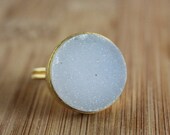 SALE 15 OFF Gold White Agate Druzy Statement Ring - Round - Bold, Adjustable Ring