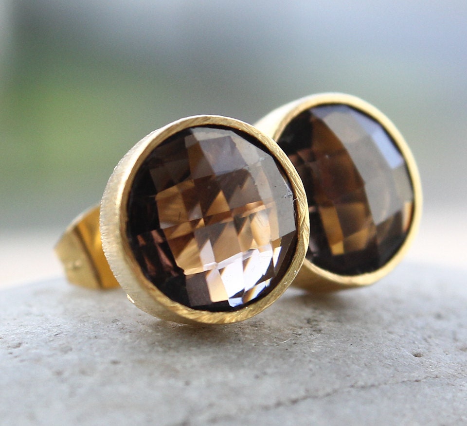 Gold Smokey Quartz Stud Earrings - Post Setting - Ash Brown, Autumn Basics
