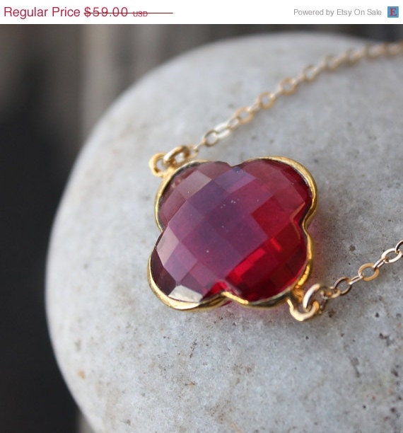 Memorial Day SALE Gold Red Ruby Quartz Clover Necklace - Four Leaf Clover - 14Kt Gold Fill