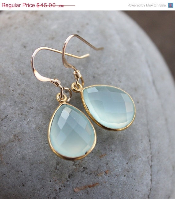 Memorial Day SALE Simple Aqua Blue Chalcedony Teardrop Earrings - Gemstone Earrings - 14Kt Gold Fill