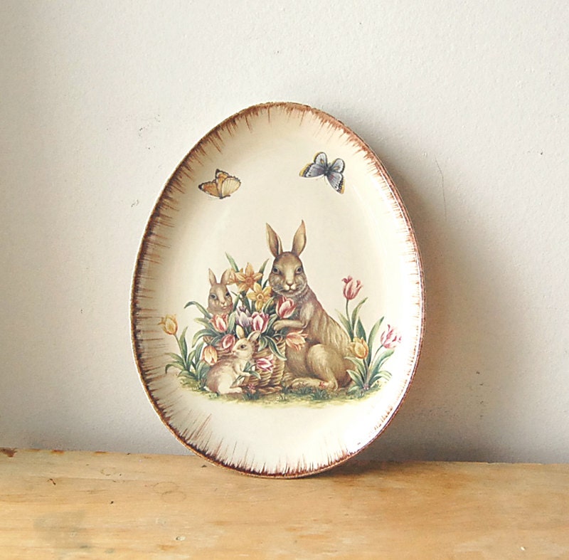 Vintage Egg Shaped Easter Bunny Rabbit with Butterflies and Spring Flowers in Basket Ceramic Plate. - franz66