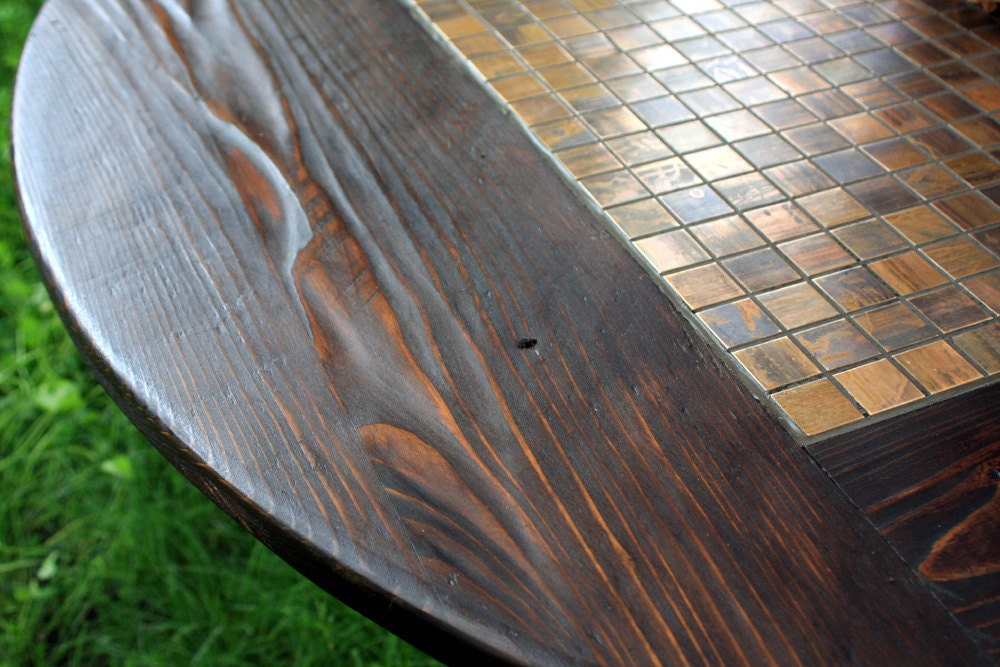 Circle Coffee Table, Tile Mosaic, Reclaimed Wood, Rustic Contemporary, "Copper Sunset", Dark Brown Waxed Finish - Handmade