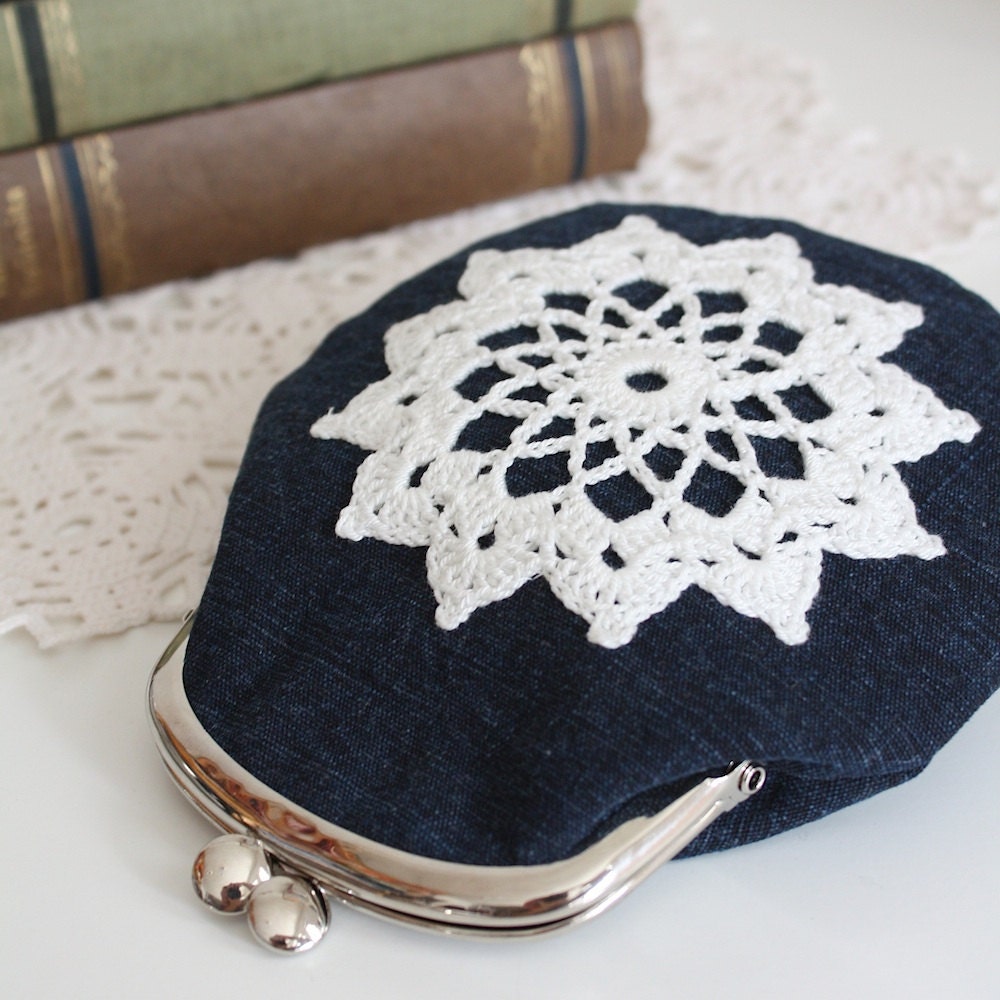 coin purse with vintage lace, blue denim