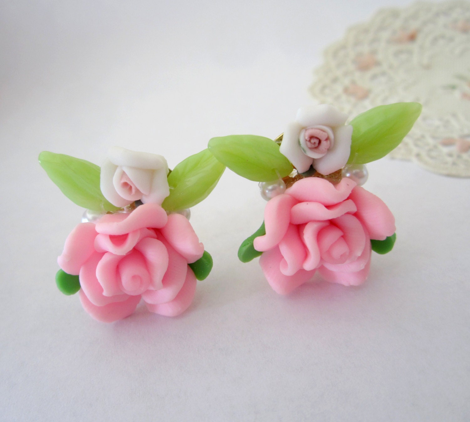 Bridal Pink Rose Flower Bouquet Clip Earrings - Romantic Vintage Style