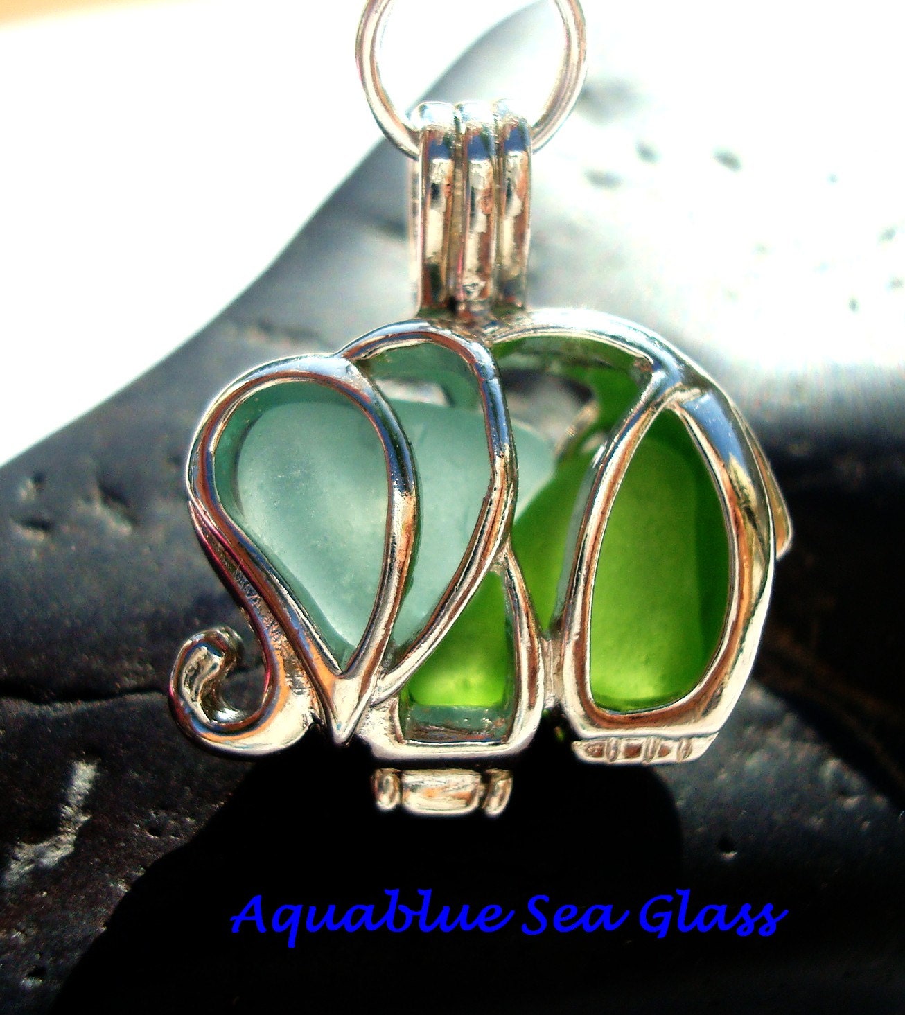 Sea Glass Elephant  Locket   Beach Glass  Aqua / Lime Necklace  From Puerto Rico FREE SHIPPING