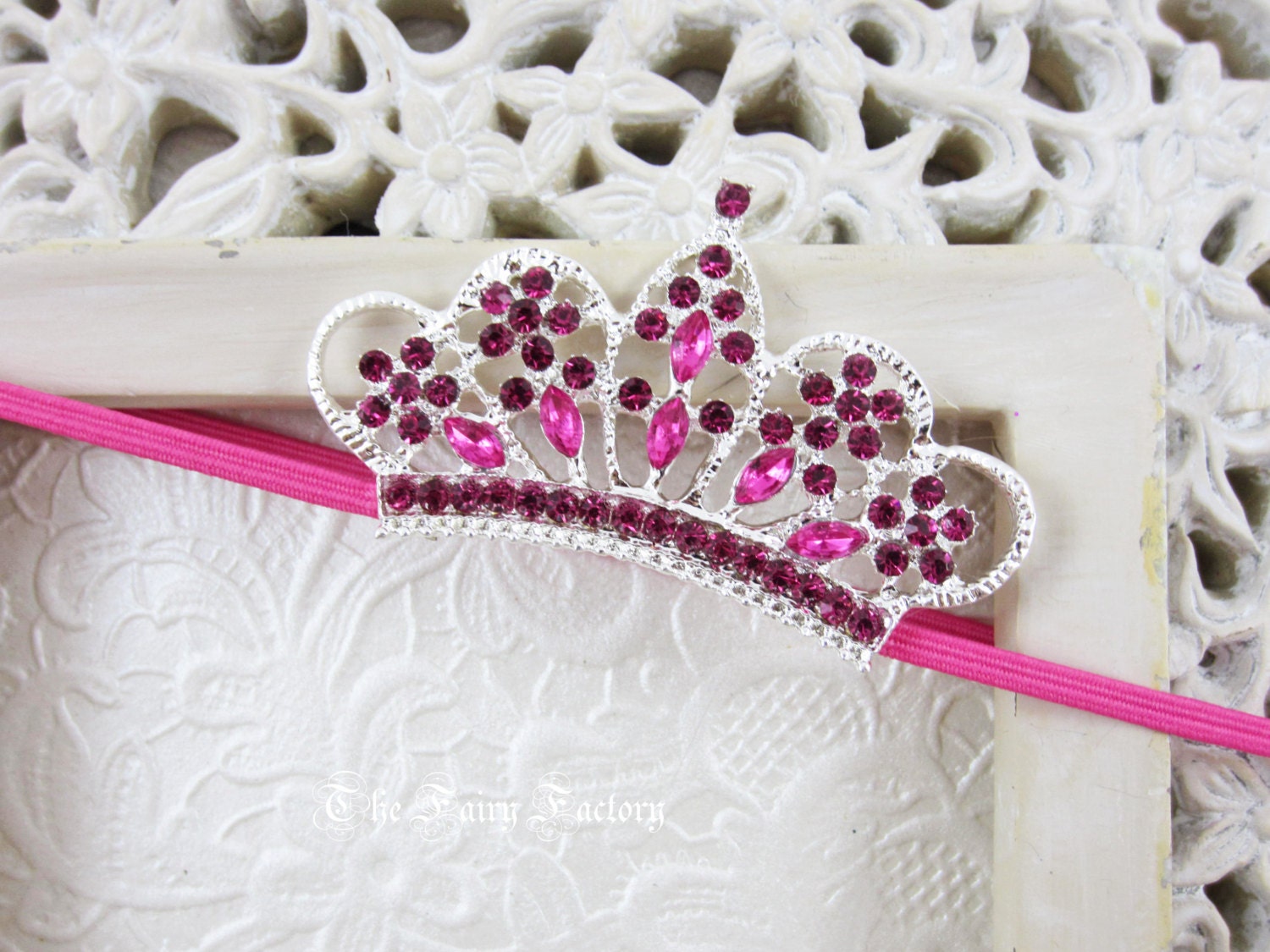Baby Headband, Baby Tiara, Hot Pink Tiara Headband, Baby Girl Princess, Photo Prop, Crystals, Newborn Toddler Child Girls Headband