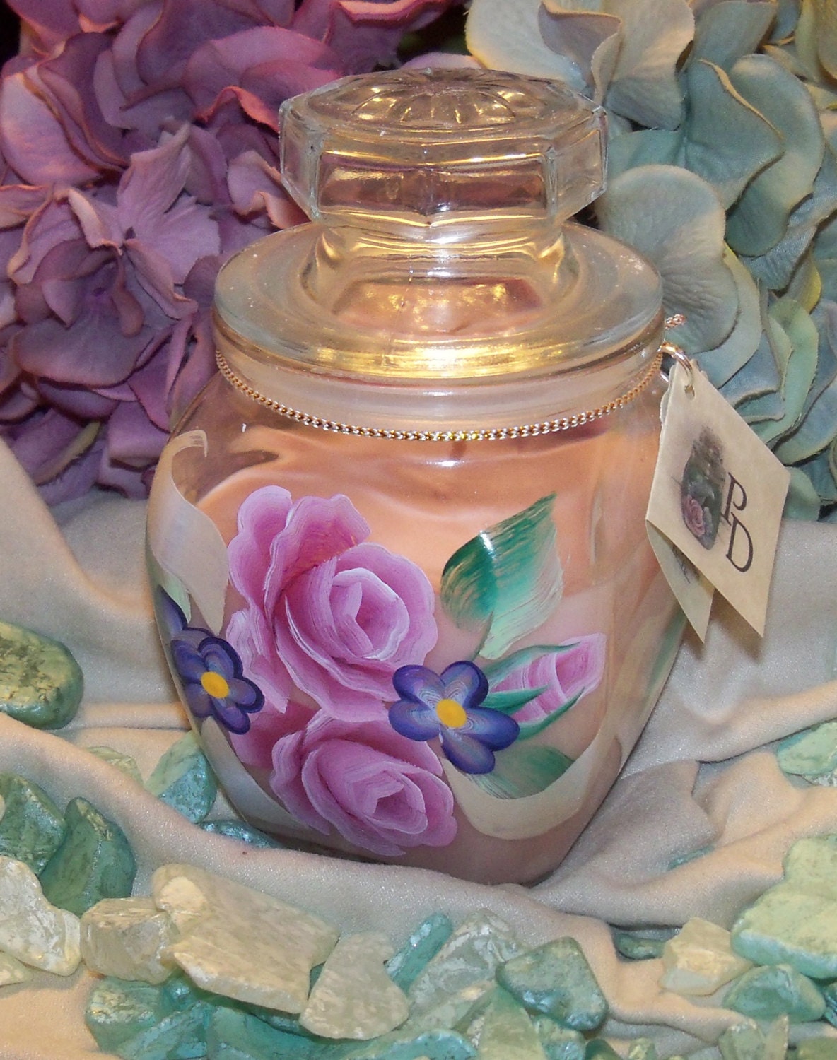 Hand Painted Ribbon and Rose Candle Jar with Country Garden Type Fragrance
