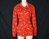 flock of seagulls. red and white blouse. 1970's novelty bird print. medium.
