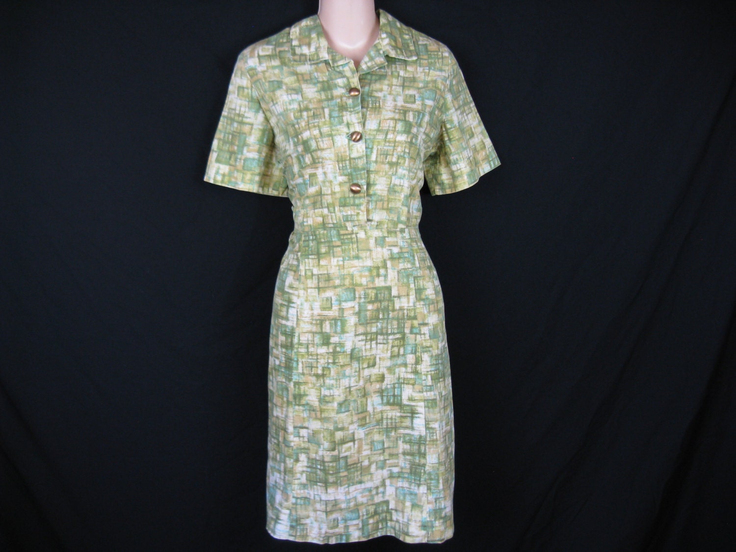1950's sage square day dress. cotton geometric print. medium.