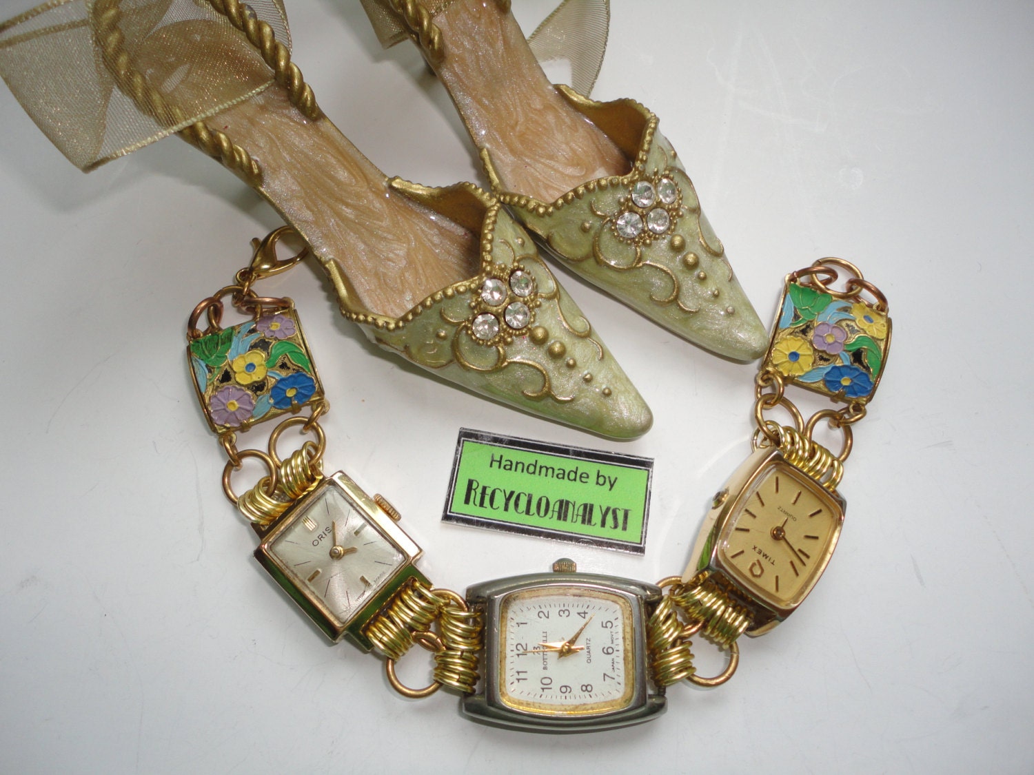 Valentines Gift Recycled Vintage Watches With Vintage Enamel Floral Panels And Working Quartz Watch Bracelet Handmade By Recycloanalyst