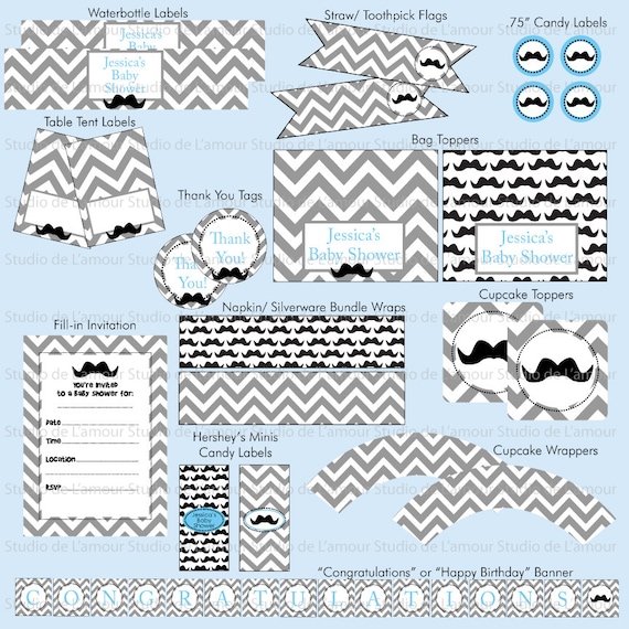 PRINTABLE DIY Mustache Theme Birthday or Baby Shower PDF Party Package Il_570xn