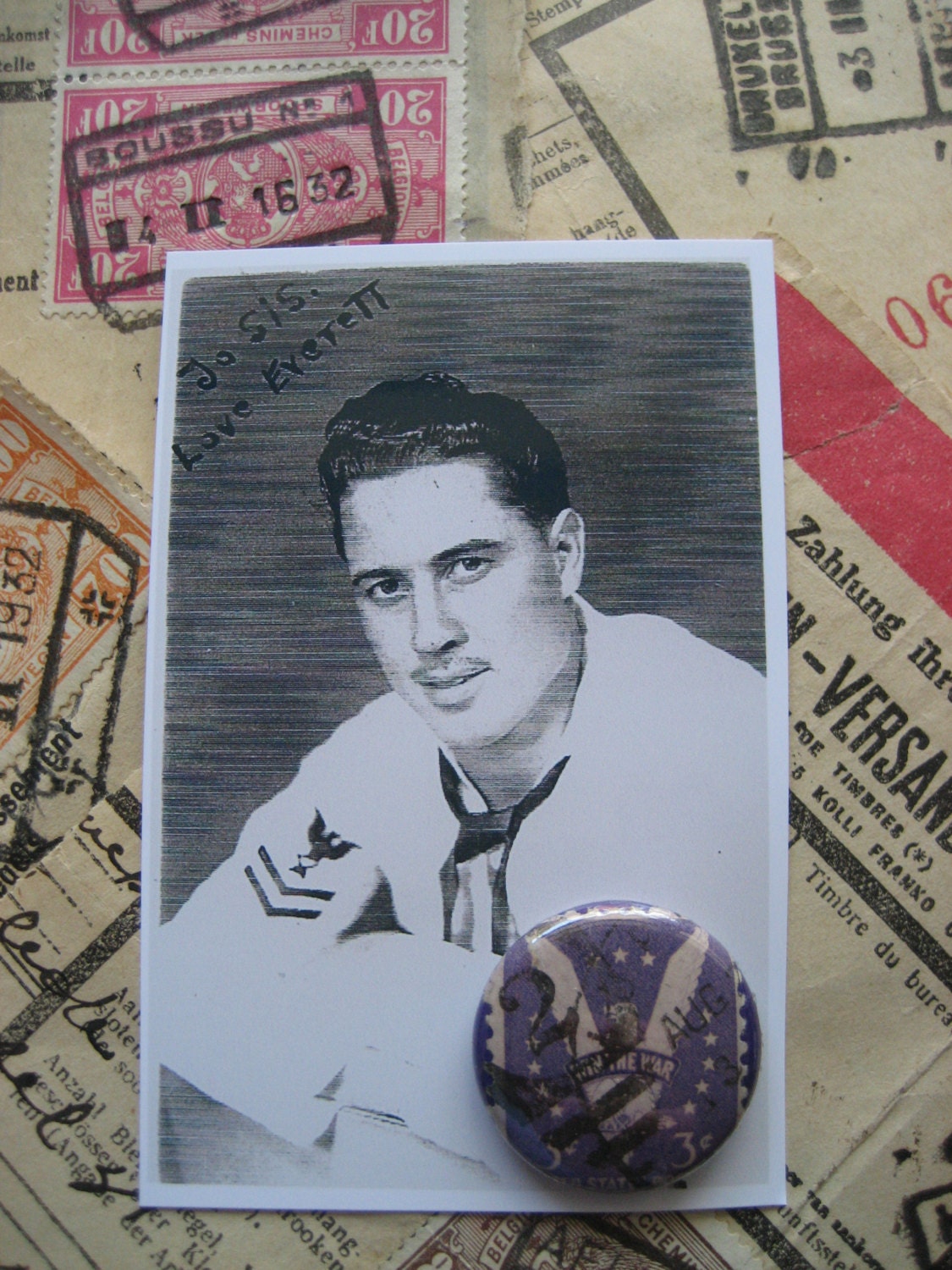 Postage Stamp Pinback Button World War II Purple Win the War Nations United for Victory red and For Defense YOUR CHOICE