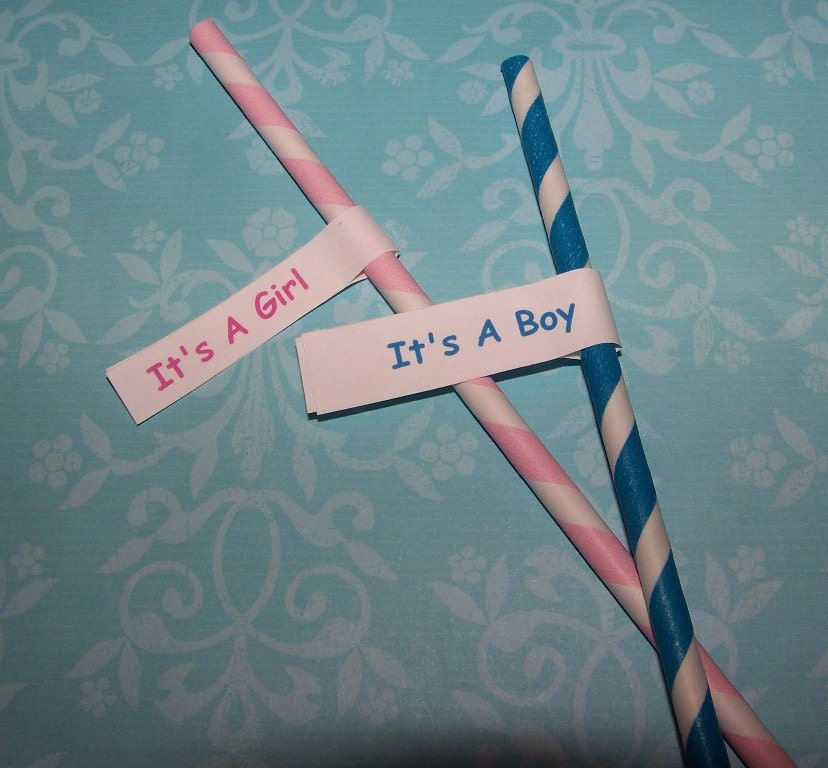 Paper Straws 30 Gender Reveal Party Pack 15 Powder Pink & 15 Blue With Custom Straw Flag Toppers