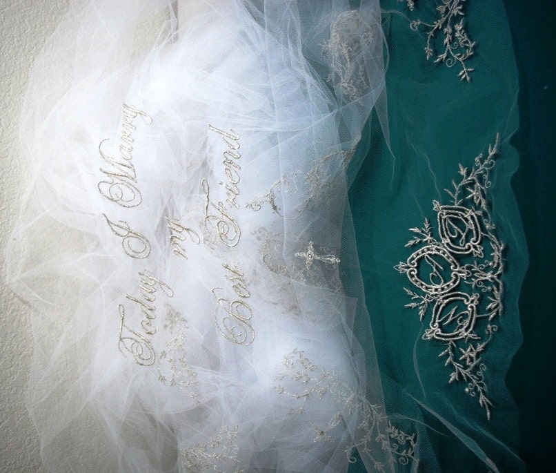Swarovski Crystal Embellished Monogrammed Phrase Embroidered Veil