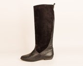 Tall Black Italian Leather Boots - Vintage Womens Flat Riding Boots - US 7