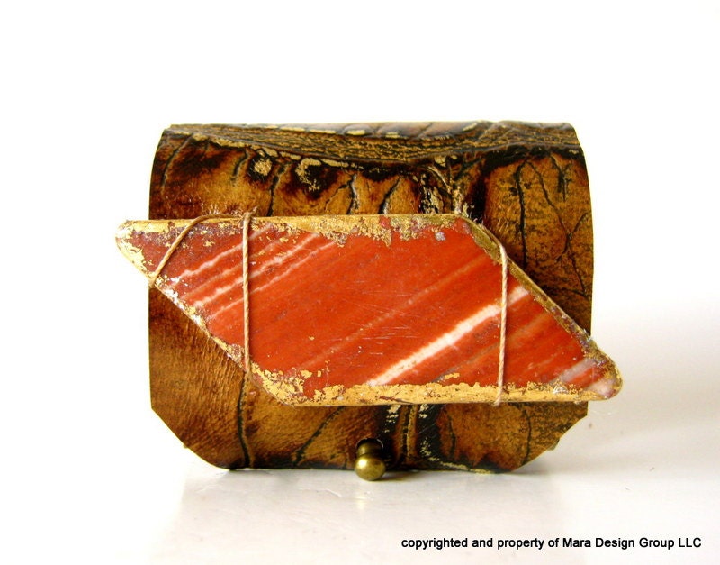 embossed leather wrap cuff with peach banded agate