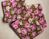 Medium Flankie - Brown with Pink and White Roses Flannel Handkerchiefs - Set of 3