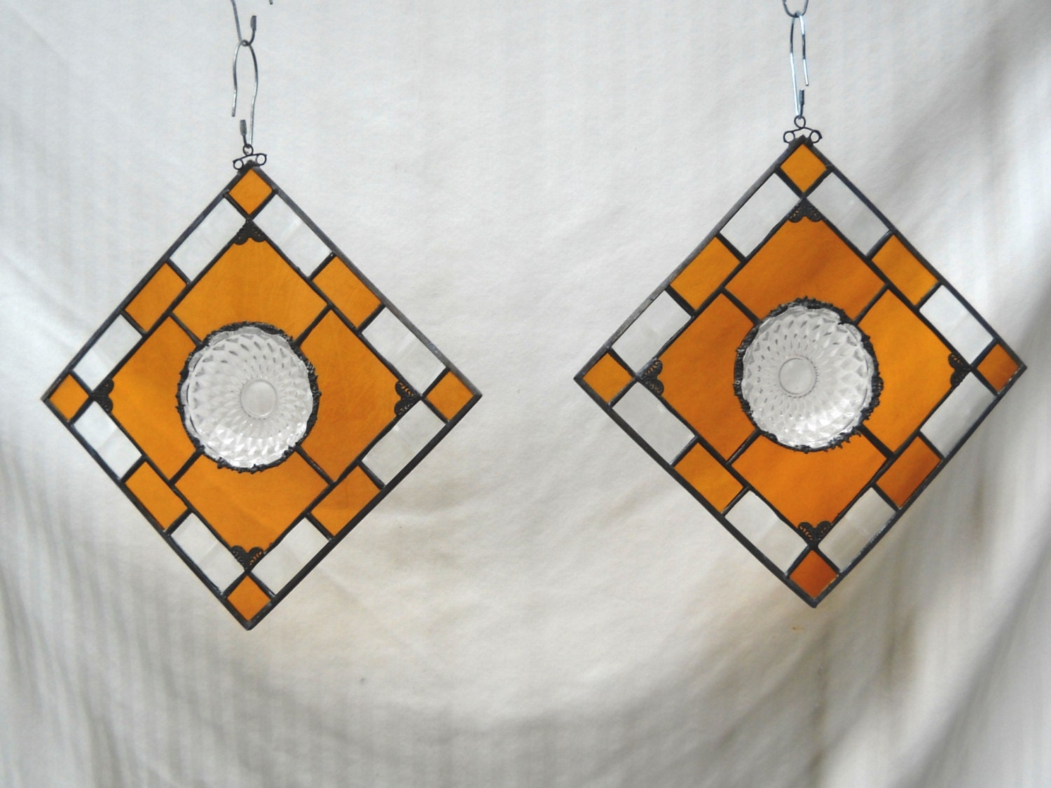 Stained Glass Panels PAIR Window Treatment with Mikasa Crystal Trinket Box