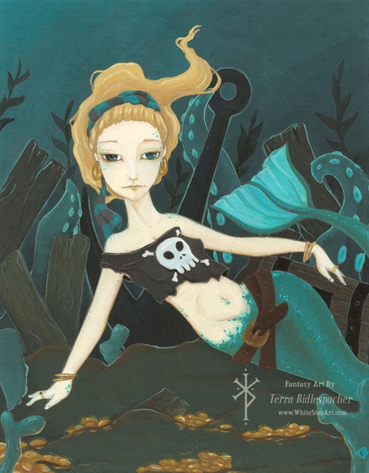 Scavenger- Limited Editon Canvas giclee Print - Made to Order -Fantasy mermaid pirate tentacle