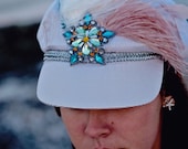Cabbie hat-ivory turquoise applique-ivory,pink feathers-huge teal ostrich plume-silver banding-runway fabulous 2013