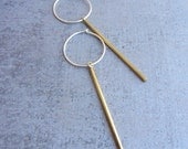 Simple tiny gold brass bar earrings with sterling silver hoops, modern minimalist everyday jewelry.