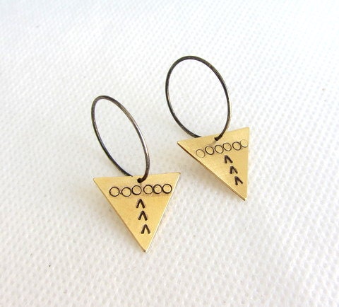 Oxidized Sterling silver hoop earrings with stamped gold brass triangle.