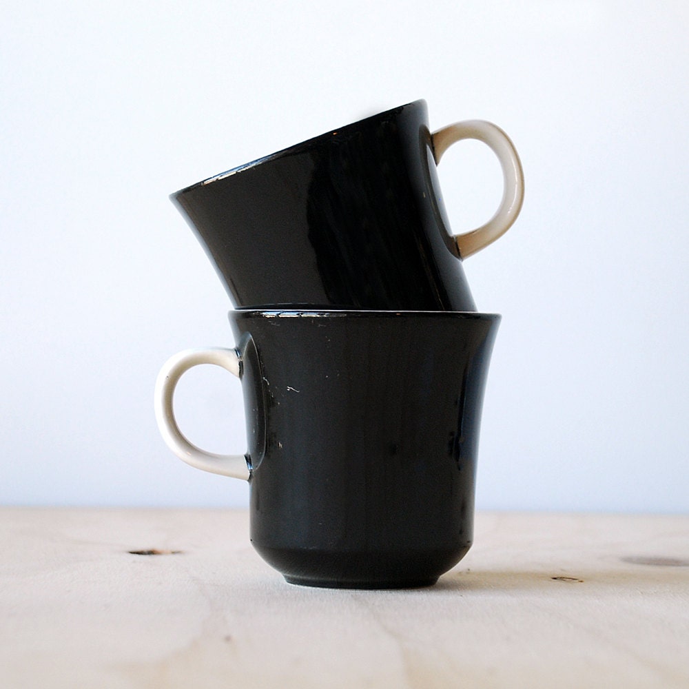 Pair of Mikasa Monochrome Mugs Black and White Cera Stone Mid Century Modern