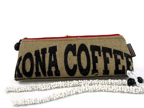Alfred Shaheen. Boutique Burlap Zipper Clutch Purse. Repurposed Kona USA Coffee Bag. Handmade in Hawaii.