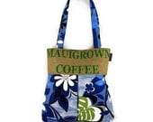 Burlap and Blue and White Floral Pleated Hobo Handbag for Her. Repurposed Maui USA Coffee Bag. Handmade in Hawaii.