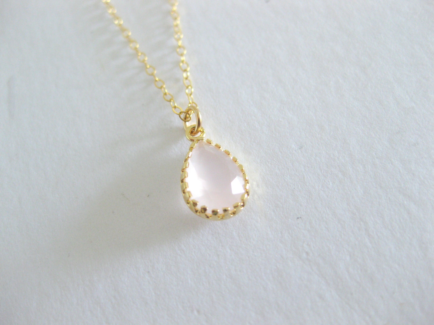 Sweet and dainty pink glass teardrop pendant necklace. Simple and elegant bridesmaids gift.