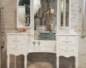 RESERVED for CHRISTINA Painted Cottage Chic Shabby White Romantic Vanity VAN39