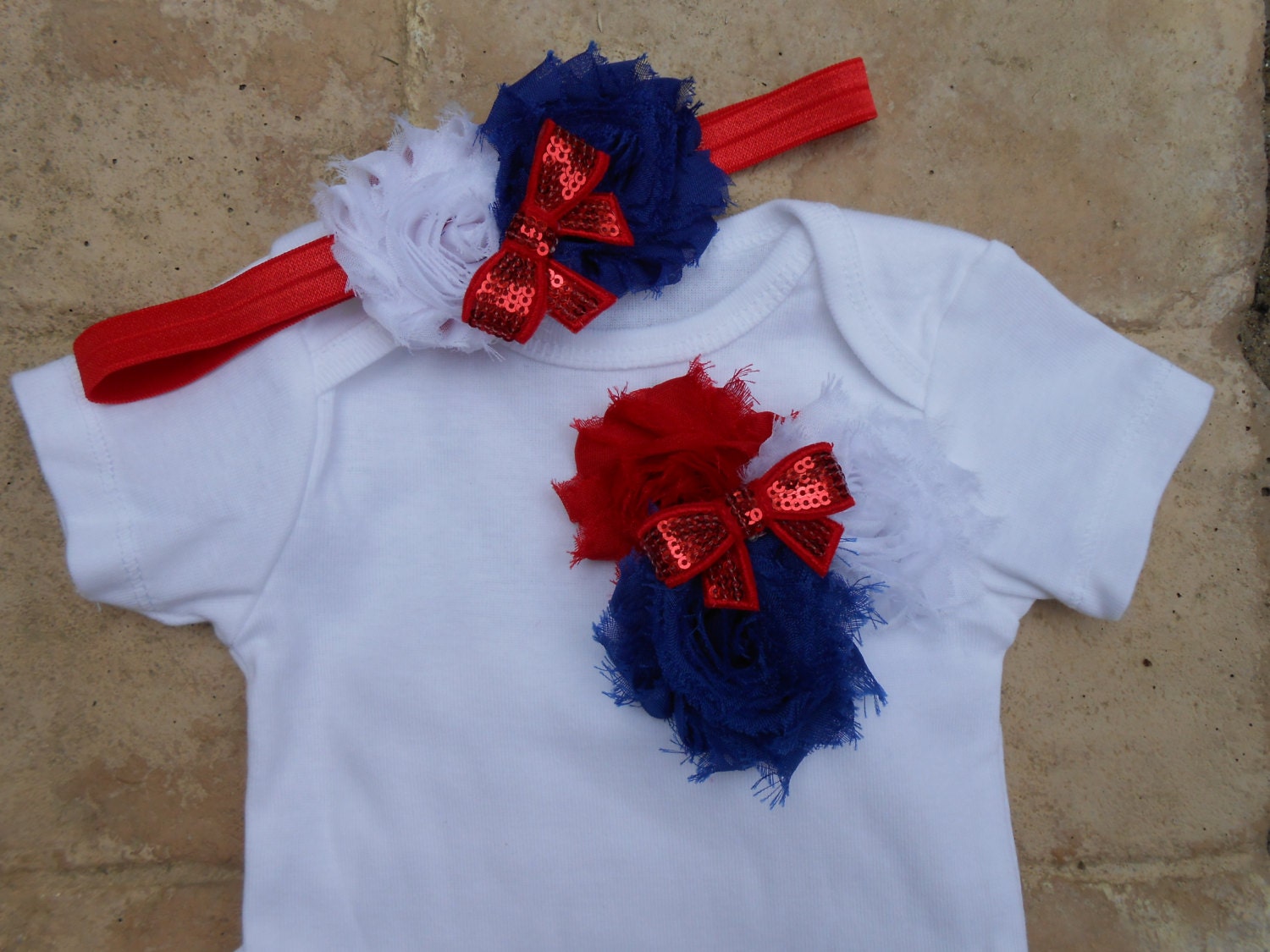 Save 20% off entire order 4th July Shabby flower  Onesie set with red white and blue  headband and sequin bows