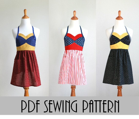 The WONDER HERO Woman's Full Super Hero Apron Pattern - multiple sizes - red, white, blue, yellow, stars