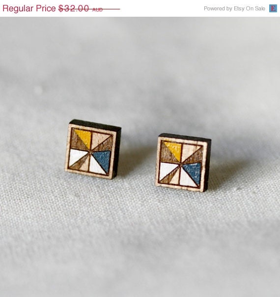 CLEARANCE SALE Square Stud Earrings in Yellow and Blue