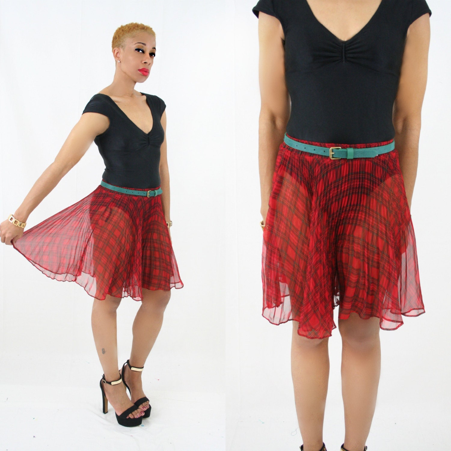 vintage 80s 90s sheer PLAID pleated mini skirt size S M