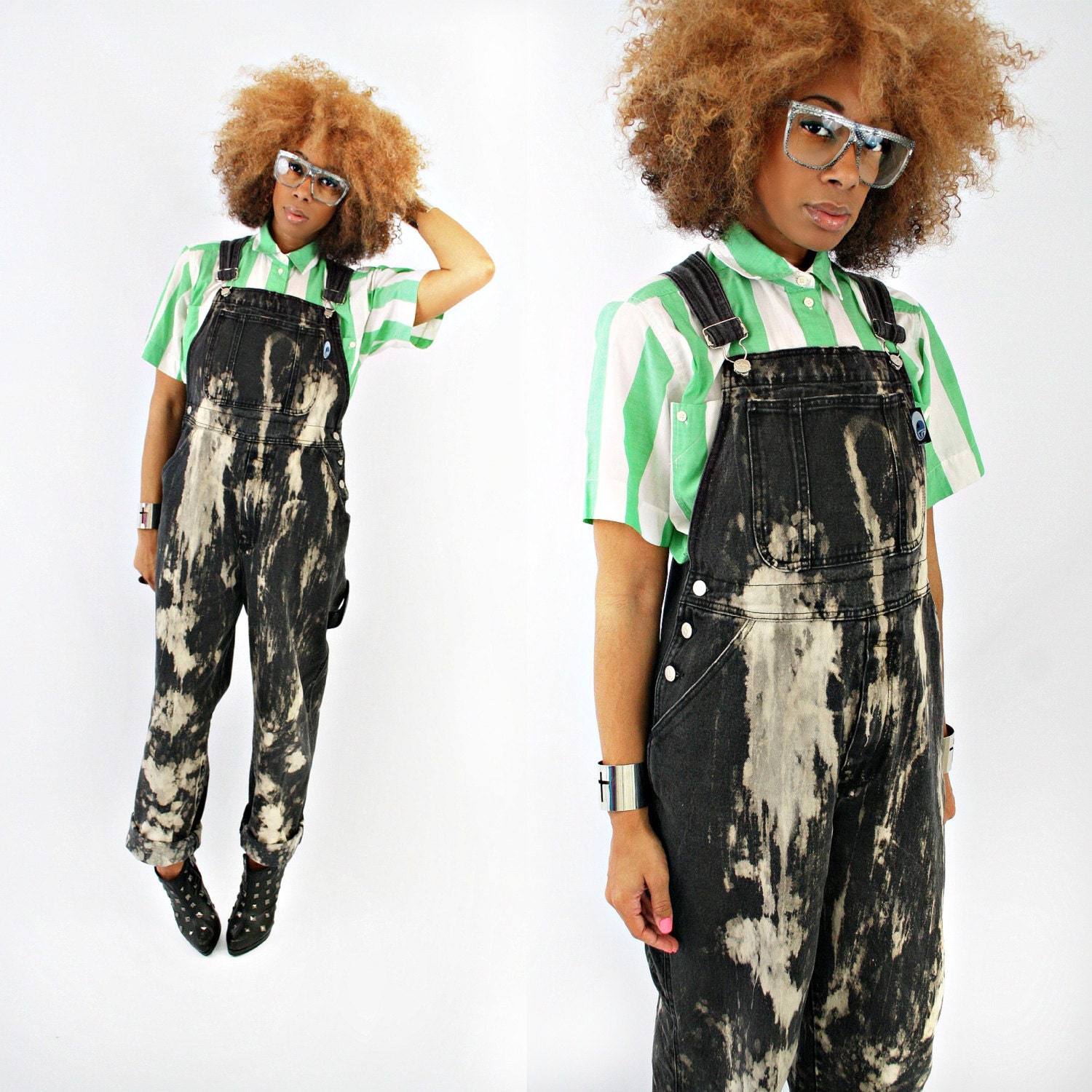 vintage 90s black oversized BLEACHED splattered ACID washed denim overalls
