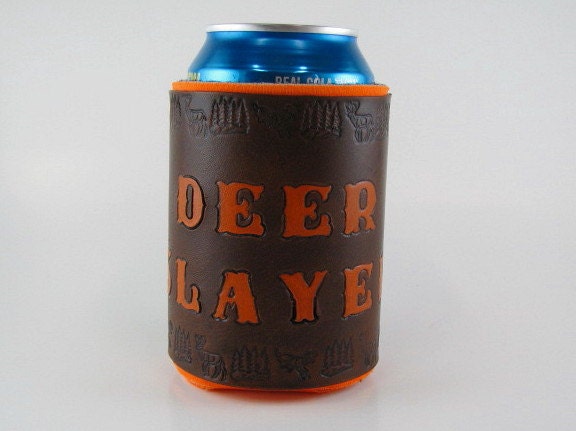 Leather Koozie Deer Slayer Safety Orange