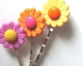 Glittering Flower Bobby Pins Set of3 Pink Orange Yellow Silver tone pins Fashion Hair Accessory