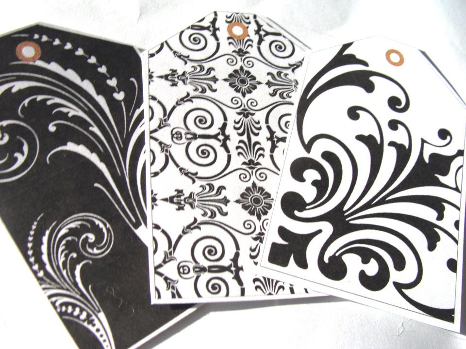 Black And White Gift Tags Set of 7 Damask Prints