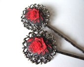 Gothic Red Rose Cameo Bobby Pins Set of 2 Red on Black Filigree Bobby Pins Fashion Hair Accessory