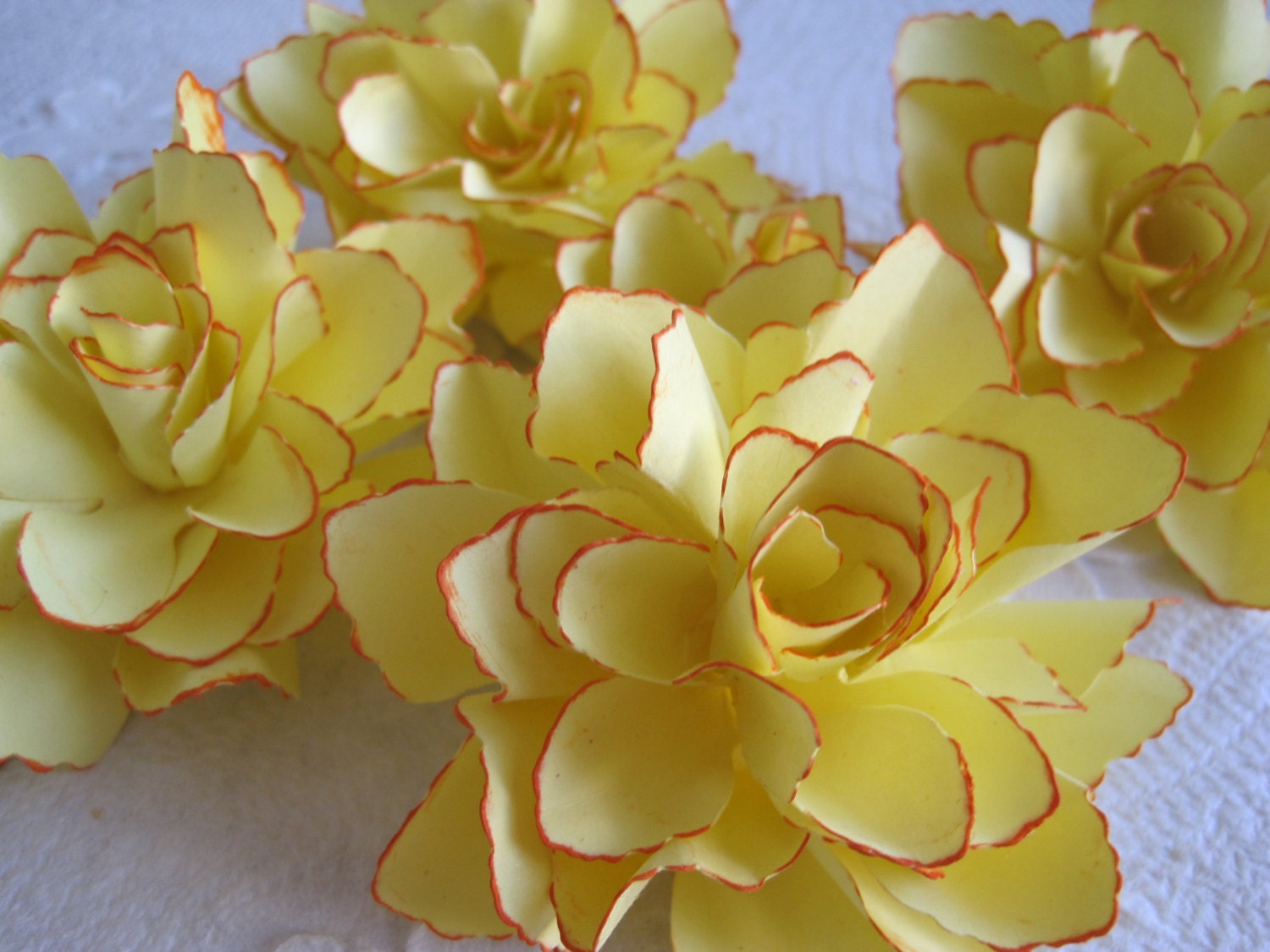 Handmade Butter Yellow Paper Flowers with Tangerine Accents - Set of 5